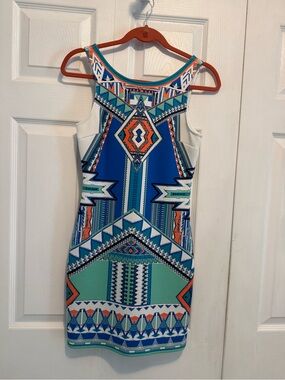 Geometric Print Sleeveless Mini Dress in Blue & Teal
